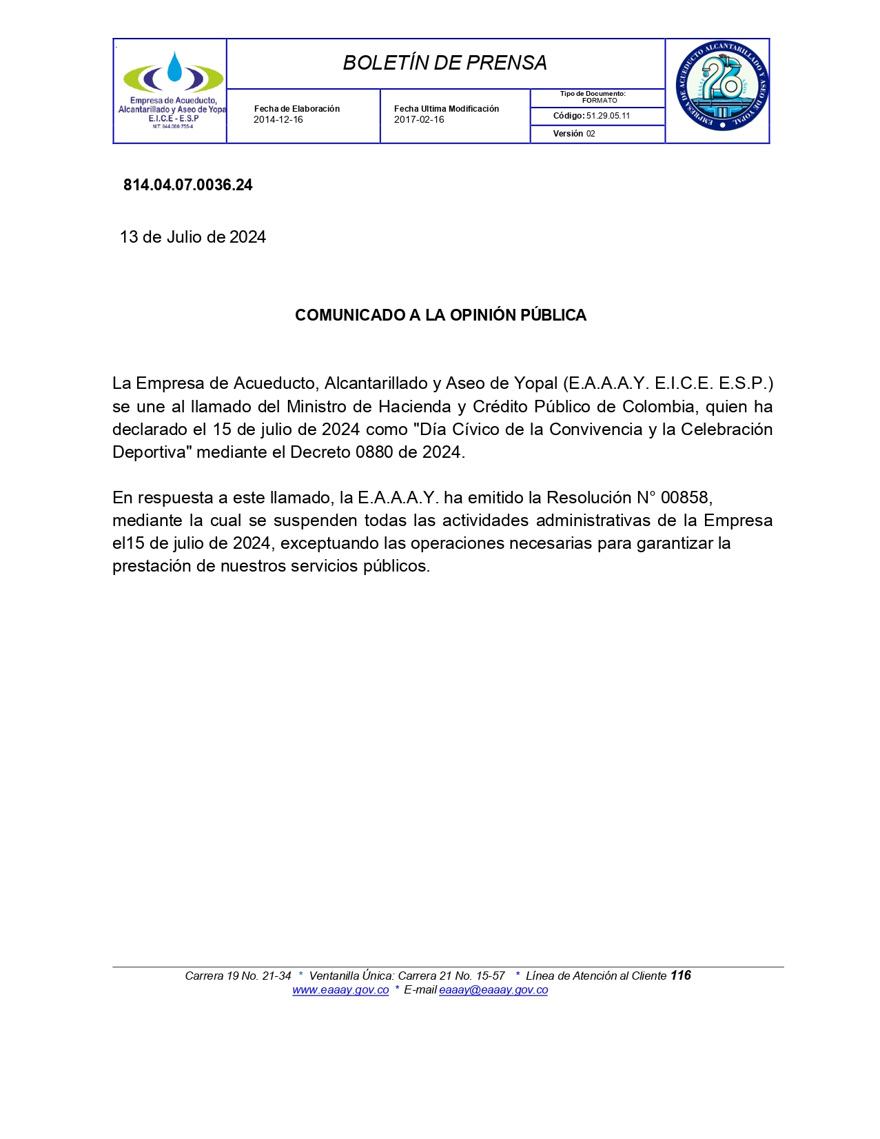 COMUNICADO A LA OPINIÓN PÚBLICA DÍA CÍVICO DE LA CONVIVENCIA Y LA CELEBRACIÓN DEPORTIVA