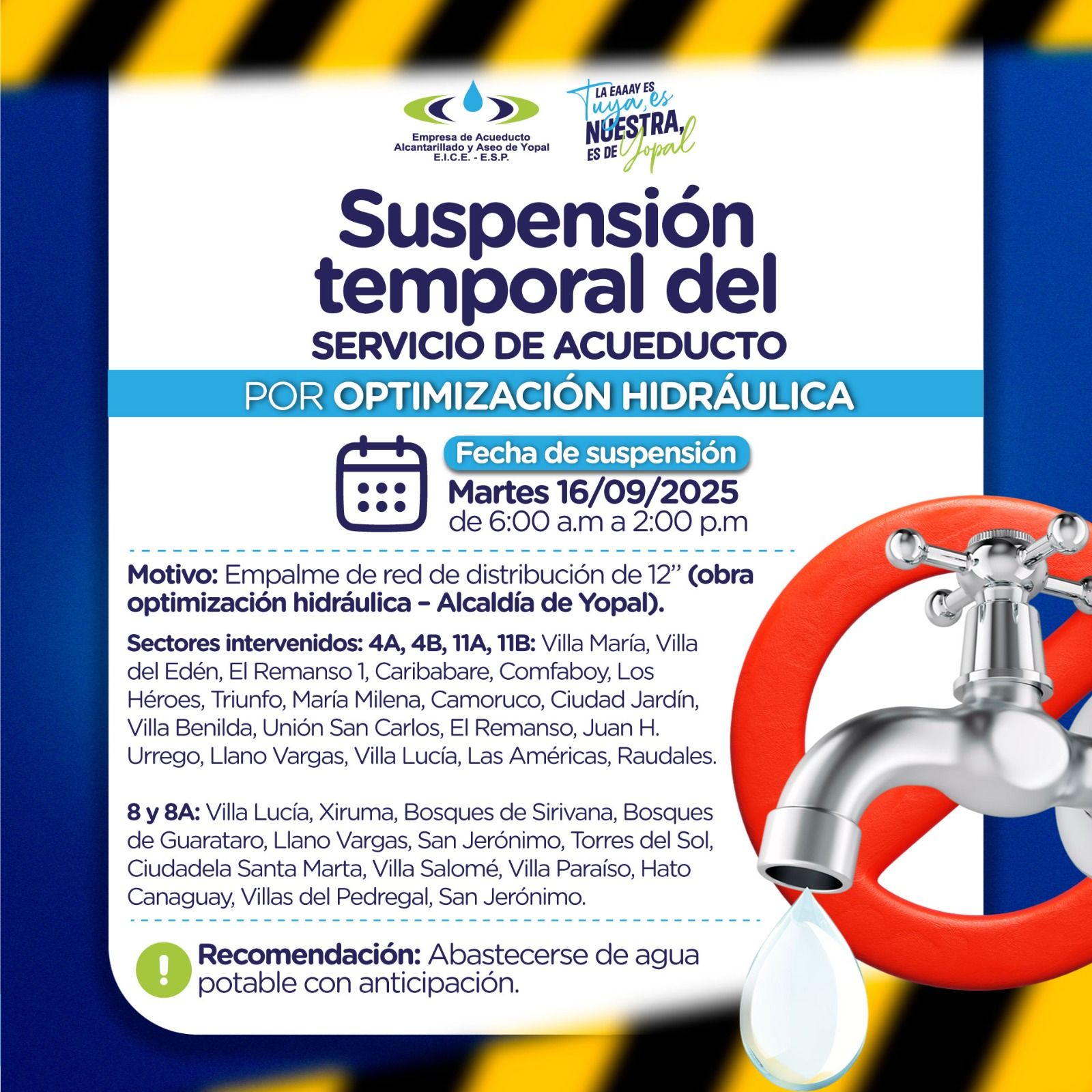 SUSPENSIÓN TEMPORAL DEL SERVICIO DE ACUEDUCTO POR OPTIMIZACIÓN HIDRÁULICA