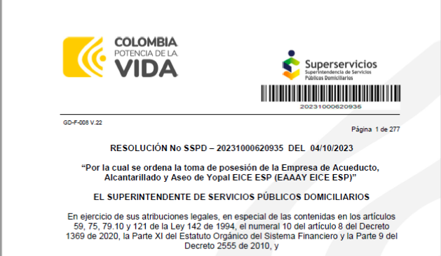 Por la cual se ordena la toma de posesión de la EAAAY EICE ESP.