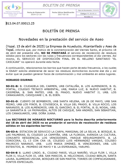 Novedades Servicio de Aseo