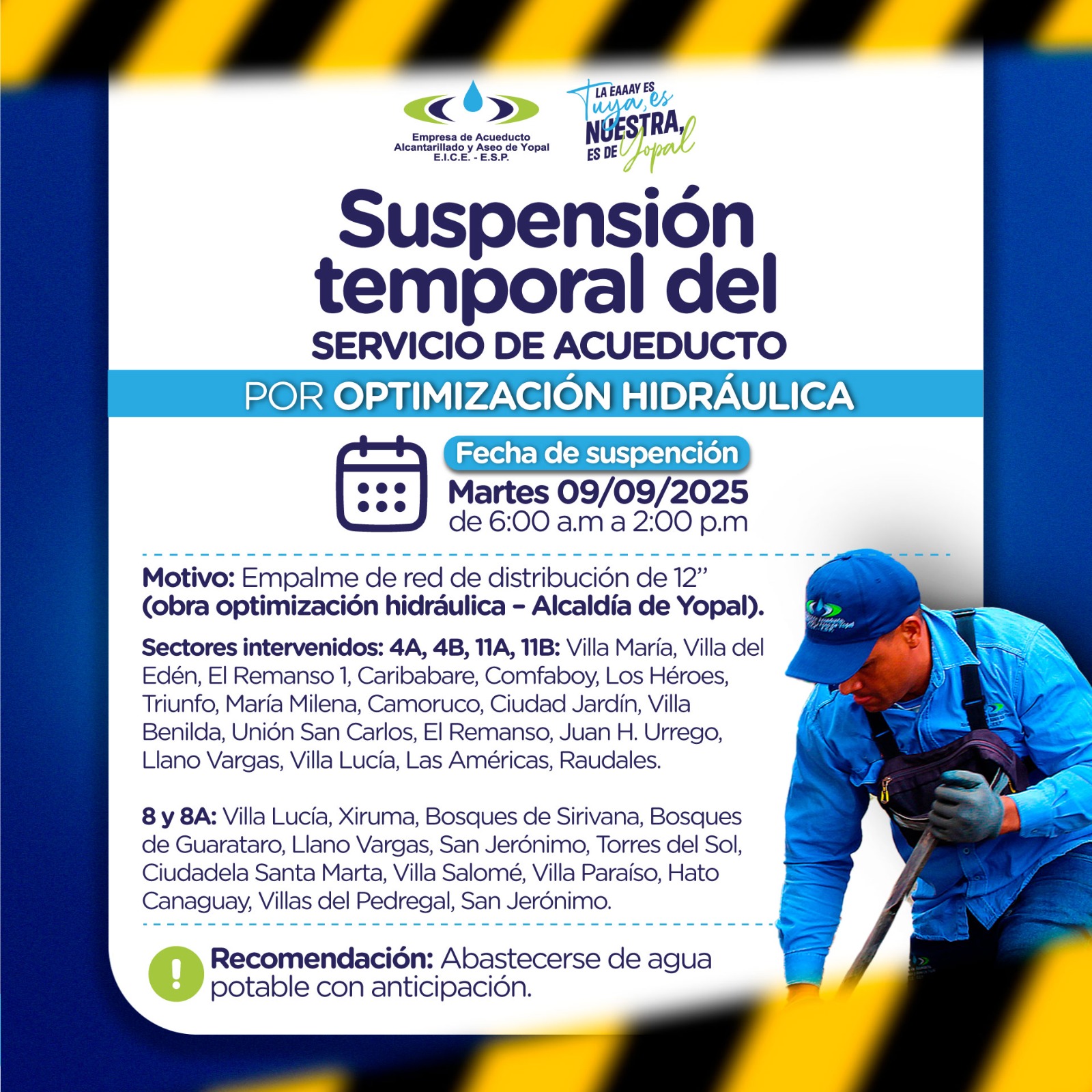 🚱 SUSPENSIÓN TEMPORAL DEL SERVICIO DE ACUEDUCTO POR OPTIMIZACIÓN HIDRÁULICA