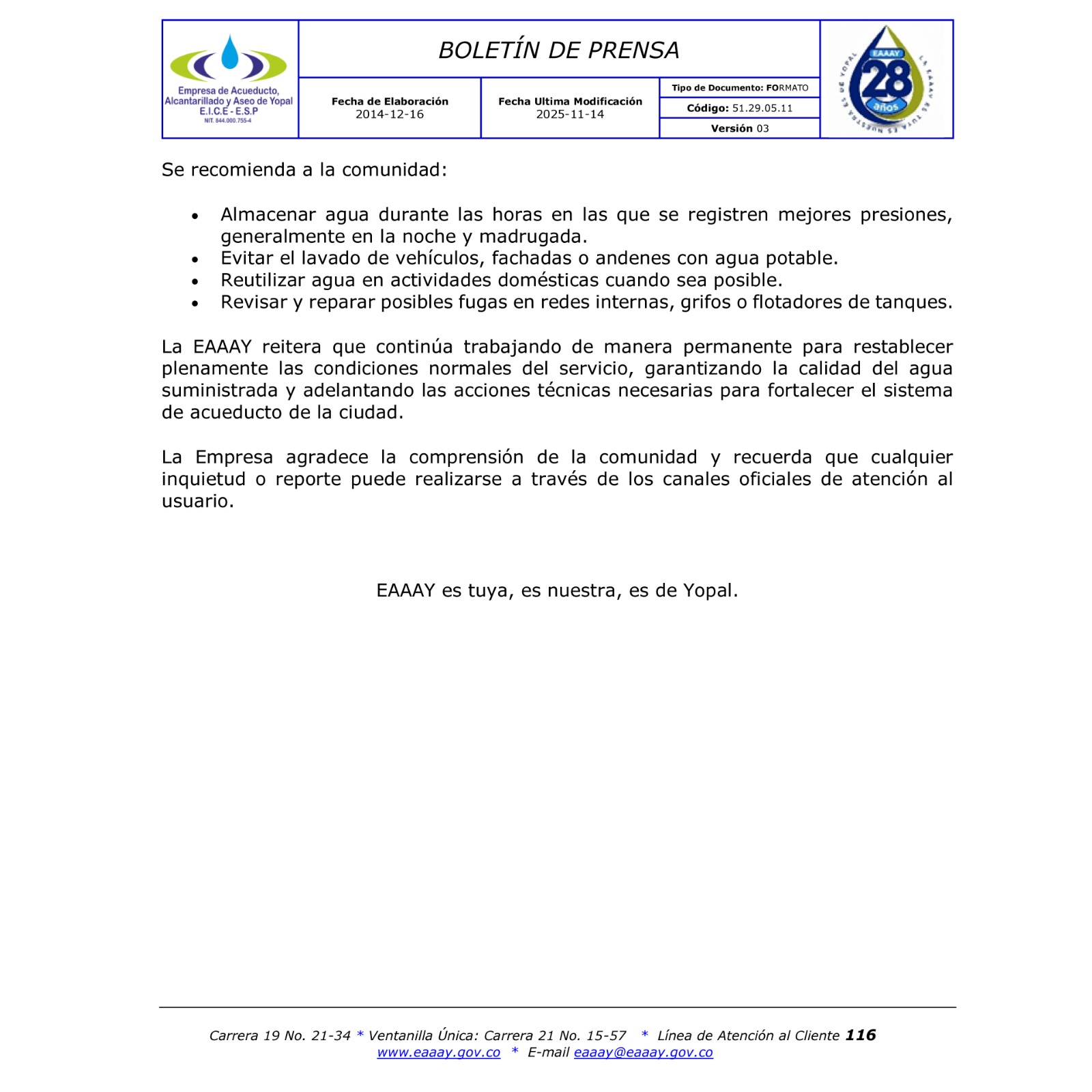 LLAMADO A USO EFICIENTE DEL AGUA