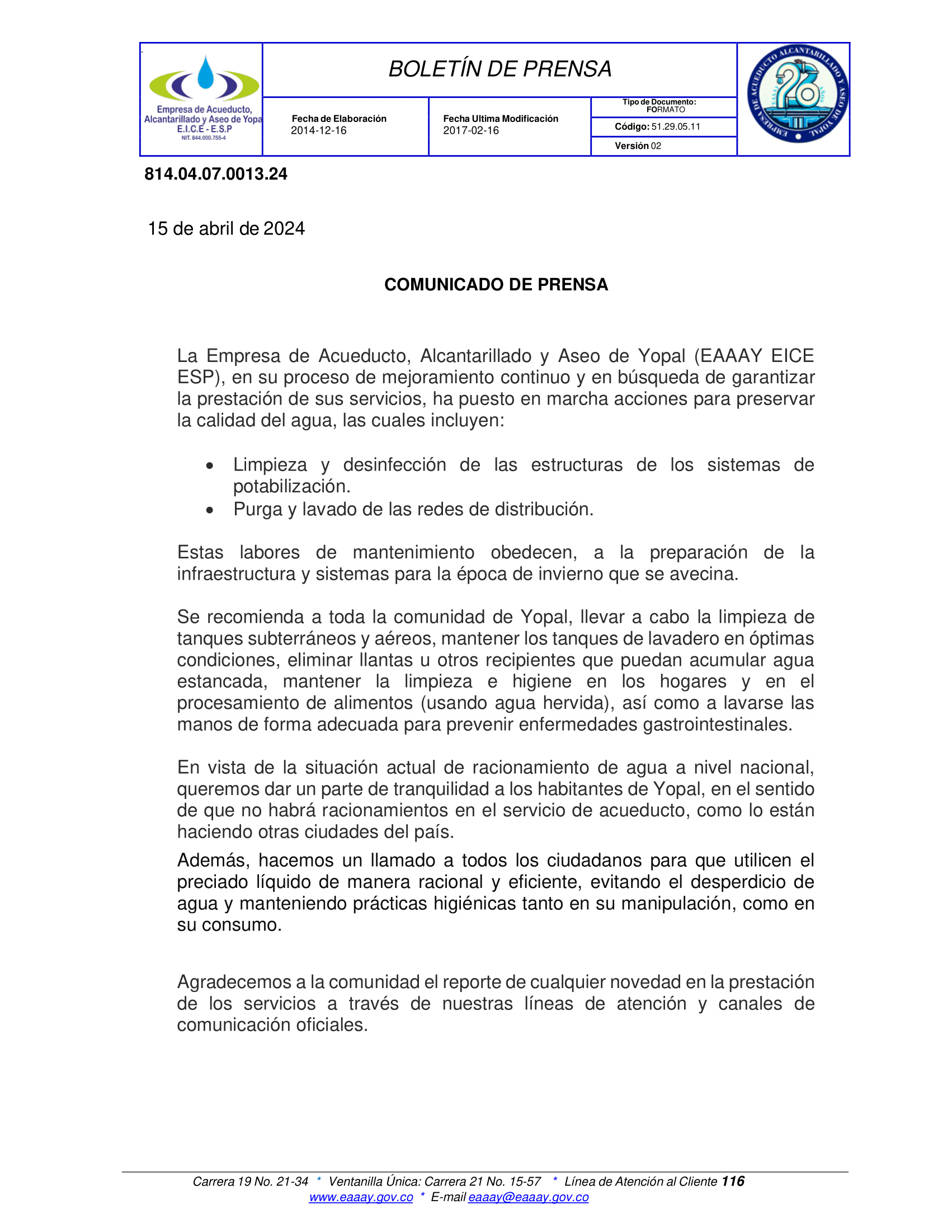 ACCIONES PARA PRESERVAR LA CALIDAD DEL AGUA EN YOPAL 