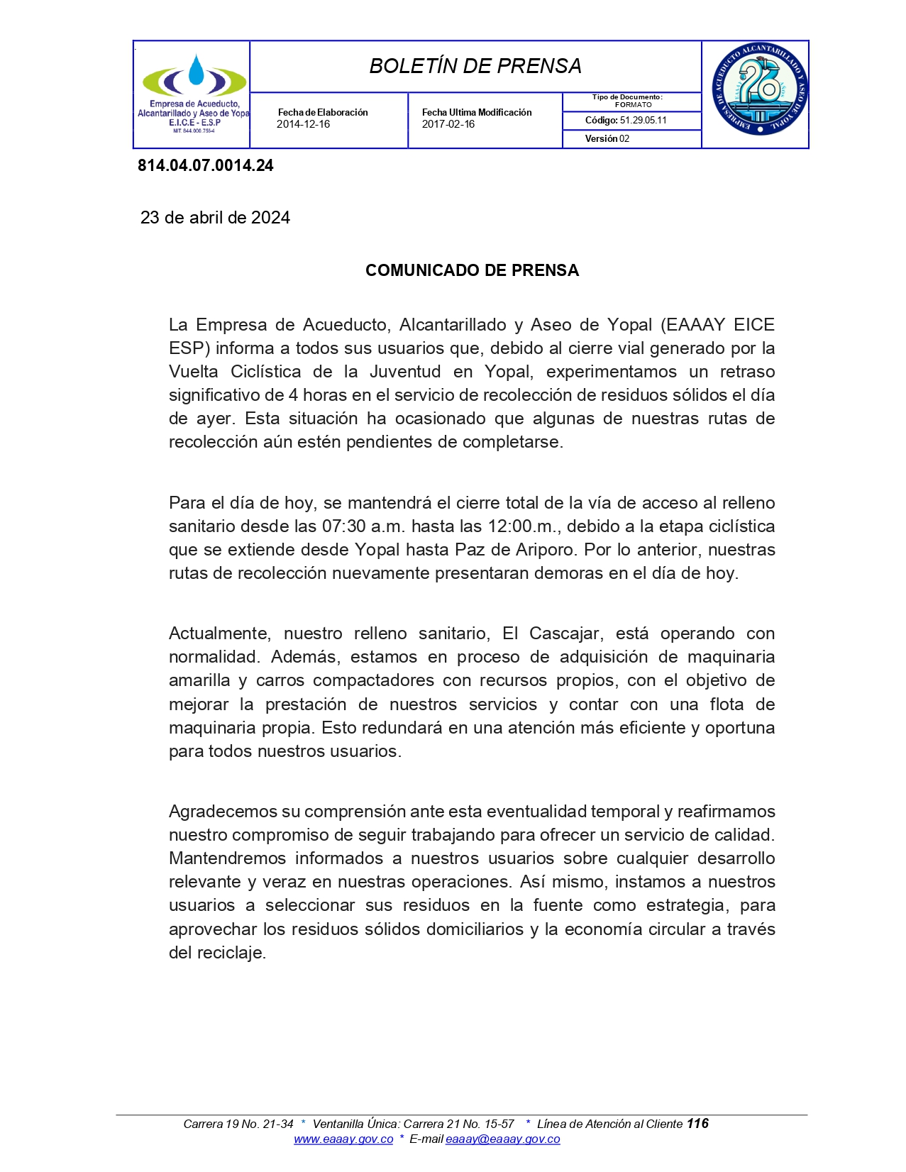 RETRASO EN EL SERVICIO DE RECOLECCIÓN DE RESIDUOS SÓLIDOS POR CIERRES VIALES DURANTE LA VUELTA CICLÍSTICA DE LA JUVENTUD EN YOPAL