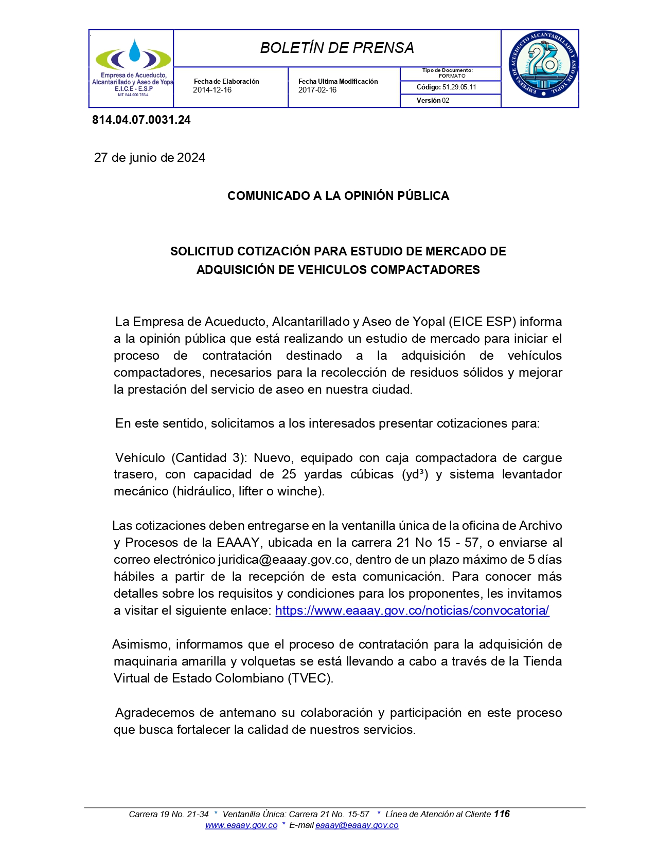 SOLICITUD COTIZACIÓN PARA ESTUDIO DE MERCADO DE  ADQUISICIÓN DE VEHICULOS COMPACTADORES 